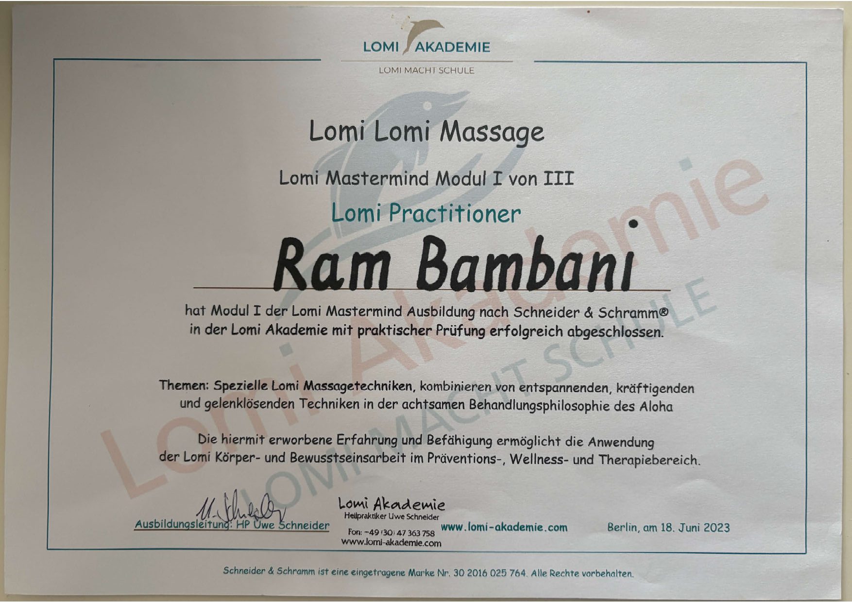 Lomi Lomi Nui – Module 1 certificate