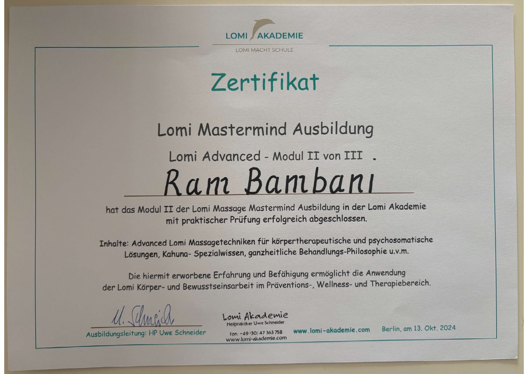 Lomi Lomi Nui – Module 2 certificate